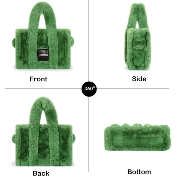 ✨Herald Women Green Tote Bag Soft Fluffy Fuzzy Furry Plush Handle Purse Handbag - Picture 3 of 8
